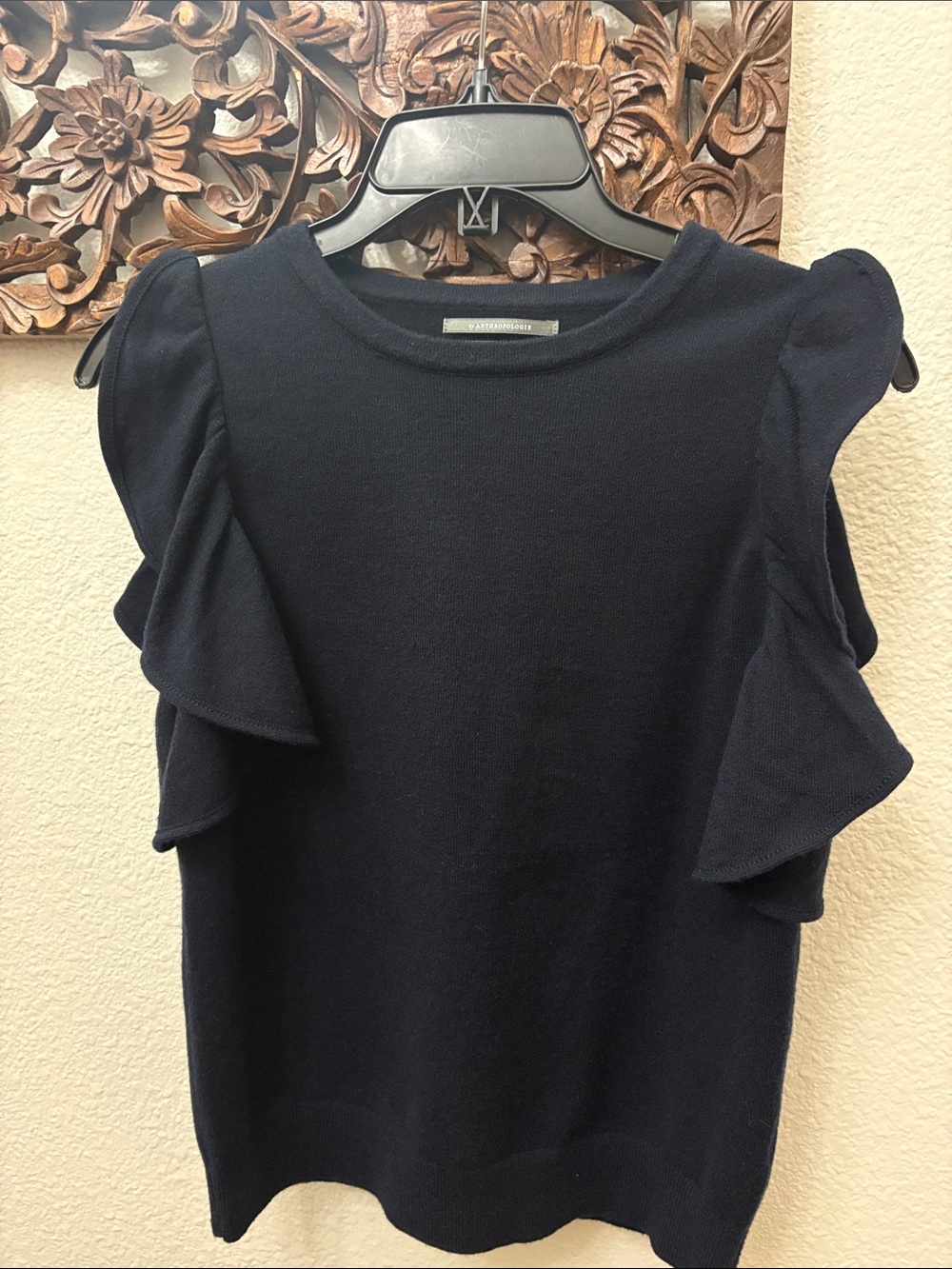 Anthropologie Navy Ruffle Sleeve Knit Top